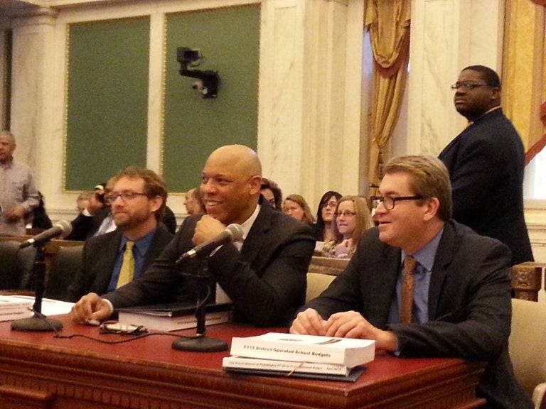  School district and SRC officials prepare to testify at City Council. (Tom MacDonald/WHYY) 