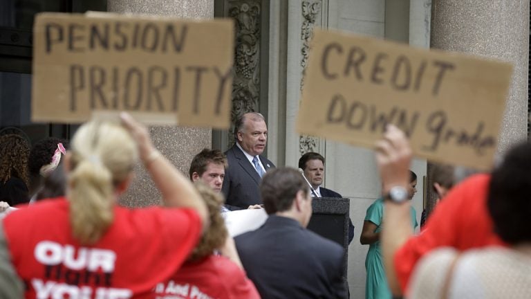  N.J. Senate President Stephen Sweeney addressing union supporters angry at Gov Christie's plan to reduce pension payments. (AP Photo/Mel Evans) 