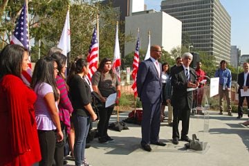  Attorneys and nine California students who sued the state to abolish its teacher tenure laws address the media. (AP Photo/Nick Ut) 