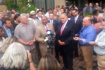  U.S Rep Bob Brady, center from left, Mayor Michael Nutter and former Gov. Ed Rendell announce details of the city's push to host the Democratic National Convention in 2016. (Tom MacDonald/WHYY) 