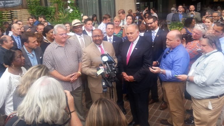  U.S Rep Bob Brady, center from left, Mayor Michael Nutter and former Gov. Ed Rendell announce details of the city's push to host the Democratic National Convention in 2016. (Tom MacDonald/WHYY) 