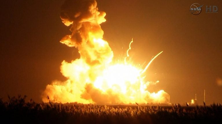 This image taken from video provided by NASA TV shows Orbital Sciences Corp.'s unmanned rocket blowing up over the launch complex at Wallops Island, Va., just six seconds after liftoff. The company says no one was believed to be hurt and the damage appeared to be limited to the facilities. (AP Photo/NASA TV)