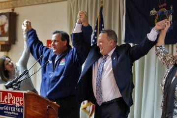  New Jersey Gov. Chris Christie, second from left, campaigns for Republican Maine Gov. Paul LePage on Nov 3, 2014. LePage was re-elected Tuesday. (AP Photo/Robert F. Bukaty) 