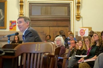 Mark Gleason, executive director of the Philadelphia School Partnership, presents at the hearing on Tuesday. (Bas Slabbers/for NewsWorks)