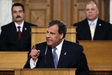  New Jersey Senate president Stephen M. Sweeney, right, D- West Deptford, N.J., and Assembly Speaker Vincent Prieto, left, D-Secaucus, N.J., listen as Gov. Chris Christie emphasizes a point while delivering his State of the State address Tuesday, Jan. 14, 2014, at the Statehouse in Trenton, N.J. (Mel Evans/AP Photo) 