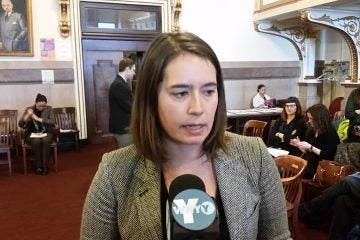  Catherine Gajewski, director of the Mayor's Office of Sustainability, speaks about energy bookmarking. (Tom MacDonald/WHYY)  