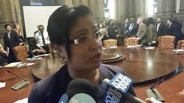  Philadelphia Councilwoman Quiñones-Sánchez discusses the proposal to make the city's agencies and departments more accessible to non-English speakers. (Tom MacDonald/WHYY) 