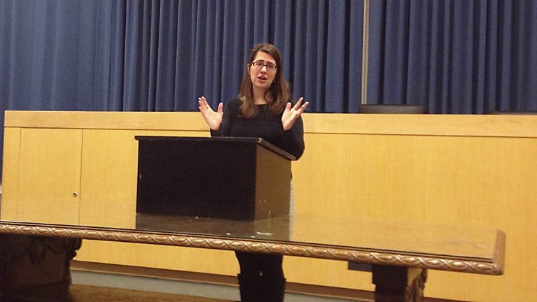  Princeton Mayor Liz Lempert speaking on Weds, Feb 25, 2015 in Whig Hall. (Anna Windemuth/for NewsWorks) 