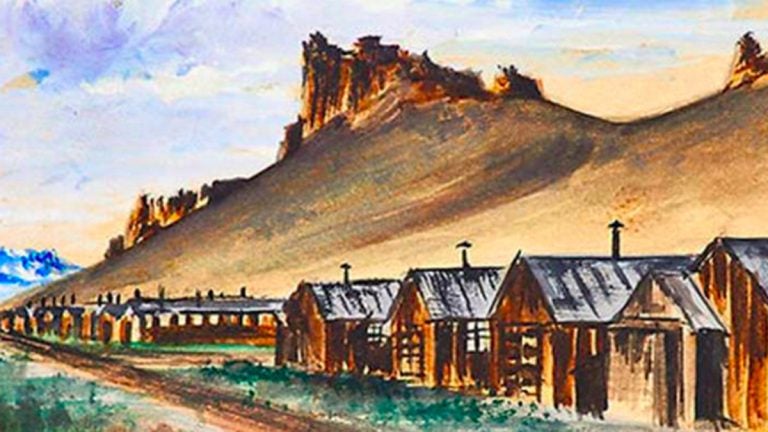  A watercolor by an unknown artist of a Japanese-American internment camp. Credit Rago Arts & Auction Center 