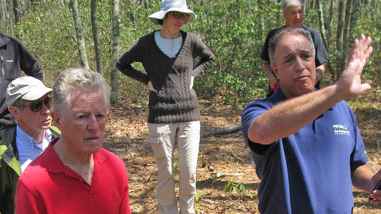  Former Gov. James Florio, left, and Emile DeVito, science director for New Jersey Conservation Foundation on the site where Six Flags wants to build its massive solar farm. 