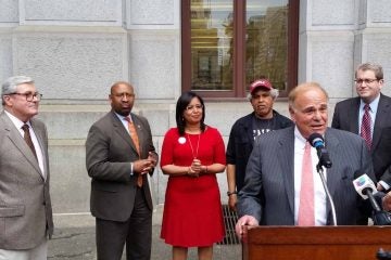  Former Mayor and Gov. Ed Rendell speaks to crowd supported by, from left, former Mayor Bill Green Sr., Mayor Michael Nutter, Councilwoman Maria Quiñones-Sánchez, former Mayor John Street and former Councilman Bill Green Jr. (Tom MacDonald/WHYY) 