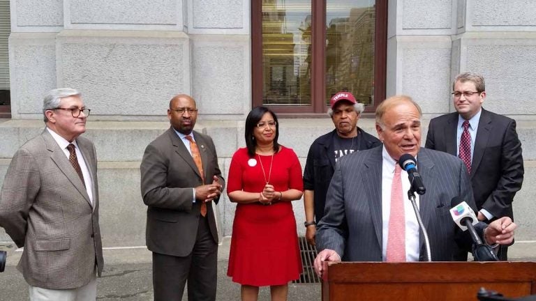  Former Mayor and Gov. Ed Rendell speaks to crowd supported by, from left, former Mayor Bill Green Sr., Mayor Michael Nutter, Councilwoman Maria Quiñones-Sánchez, former Mayor John Street and former Councilman Bill Green Jr. (Tom MacDonald/WHYY) 