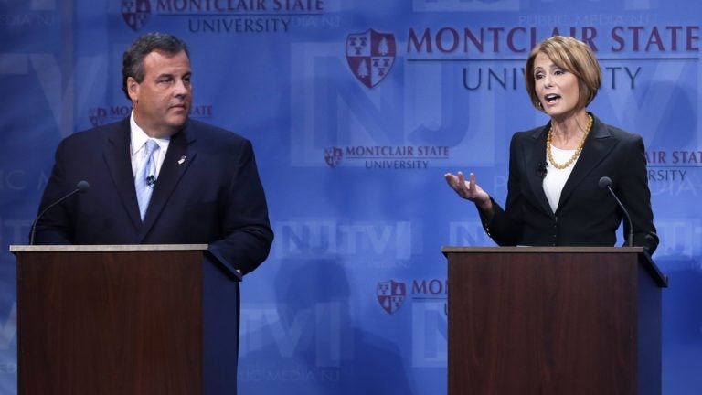  Gov. Chris Christie, left, listens as Democratic challenger Barbara Buono answers a question during their debate Tuesday, Oct. 15, 2013. (AP Photo/Mel Evans) 