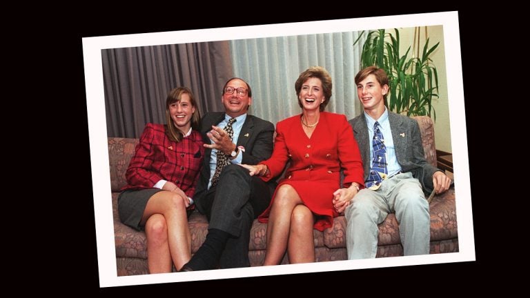  NJ gubernatorial candidate Christie Whitman, second from right, is joined by her daughter Kate, left, husband John and son Taylor, right as they watch election returns, November 2,1993. (AP PHOTO/Mike Derer, file) 