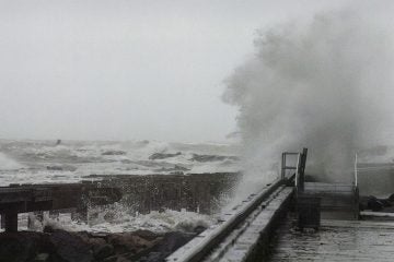 Waves pound the south inlet section of Atlantic City during North East storm Saturday October 03, 2015.  (Anthony Smedile/for NewsWorks)