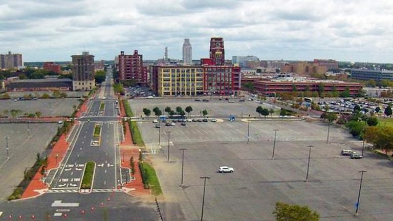 Camden's Waterfront district is known for its great views of Philadelphia and ample parking. (Alan Tu/WHYY) 