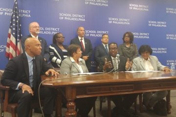  Philadelphia City Council members and the city's School Reform Commission discuss the new transparency agreement now in place. (Tom MacDonald/WHYY)  