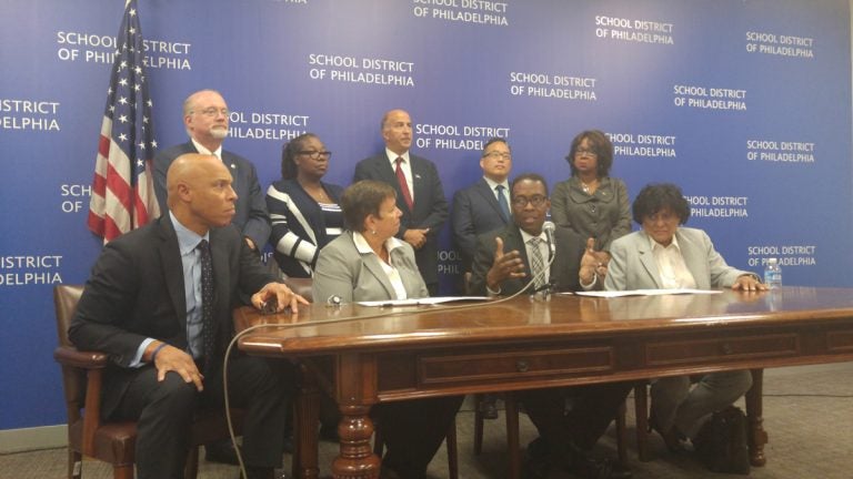  Philadelphia City Council members and the city's School Reform Commission discuss the new transparency agreement now in place. (Tom MacDonald/WHYY)  