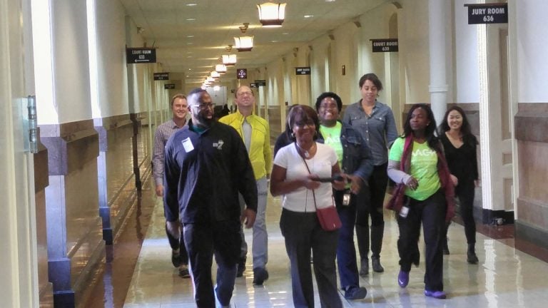  City Councilwoman Blondell Reynolds Brown leads a group of city workers on one of their twice-weekly walks along the corridors of  City Hall. (Tom MacDonald/WHYY)  