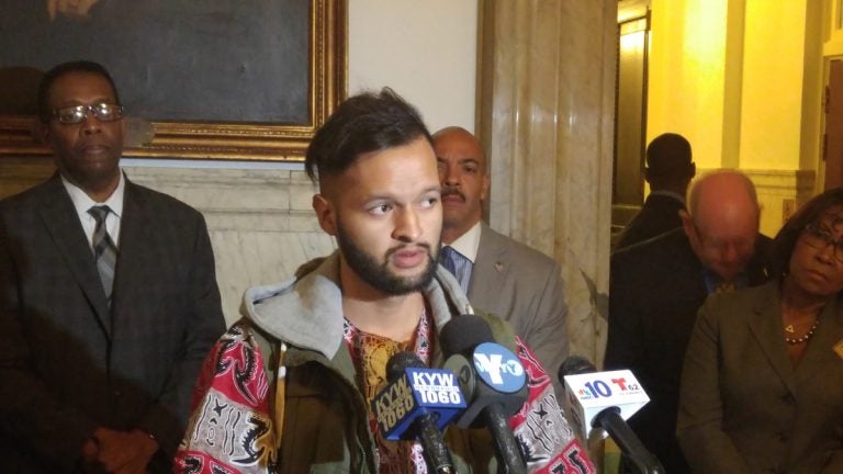  College student Manny Martinez, previewing what Council members might hear, says for a person of limited means, earning a degree means overwhelming debt. (Tom MacDonald/WHYY) 