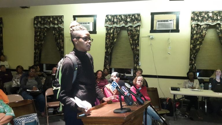  Kimberly Brown speaks during a meeting on the proposed financial recovery plan in Colwyn Borough Thursday night. (Laura Benshoff/WHYY) 