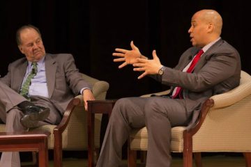  Former Gov. Thomas Kean Sr. (left) and U.S. Sen. Cory Booker (NJ) at forum hosted by United Way of Northern New Jersey. (Courtesy of United Way) 