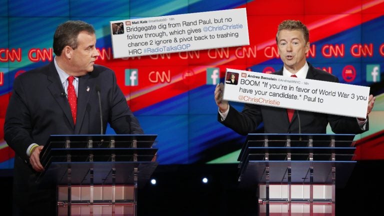  Rand Paul, right, speaks as Chris Christie watches during the CNN Republican presidential debate at the Venetian Hotel & Casino on Tuesday, Dec. 15, 2015, in Las Vegas. (AP Photo/John Locher) 