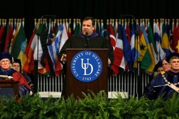 Delaware Graduation Governor Chris Christie delivers the Commencement Address at the Winter Commencement Ceremony for the University of Delaware in Newark, DE on Jan. 9, 2011.(Governor's Office/Tim Larsen )