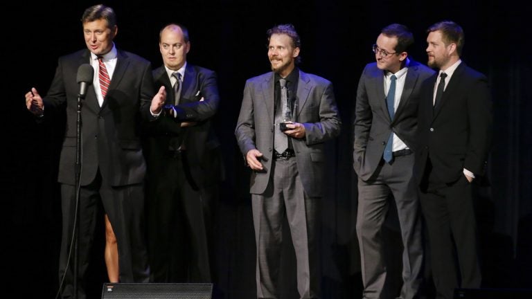   In this Sept. 27, 2012 file photo, the Gibson Brothers accept the entertainer of the year award at the International Bluegrass Music Association Awards show in Nashville, Tenn. (AP Photo/Mark Humphrey, File) 