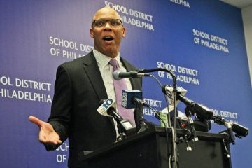  Superintendent William Hite discusses the 2015 Philadelphia schools' 440 million dollar budget deficit at a press conference Friday. (Kimberly Paynter/WHYY) 