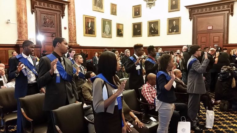 Students from the PAL organization prepare for a day of shadowing Philadelphia officials as part of Police Athletic League Day.(Tom MacDonald/WHYY)