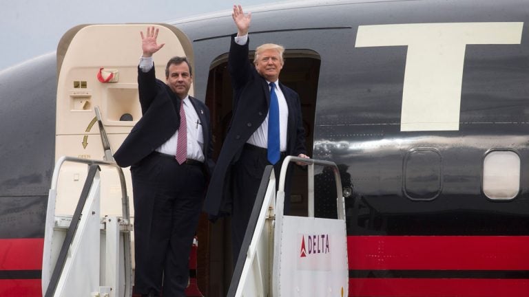 Republican presidential candidate Donald Trump and Gov. Chris Christie wave as they depart from a campaign stop. Tuesday