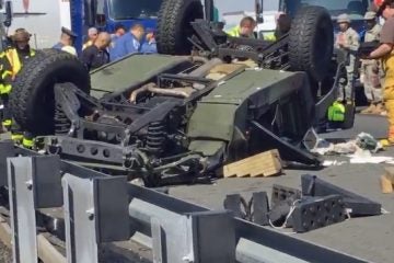 Overturned military vehicle on the NJ Turnpike near Exit 8A. (Photo courtesy of Michael Watsey @WatseymWatsey)