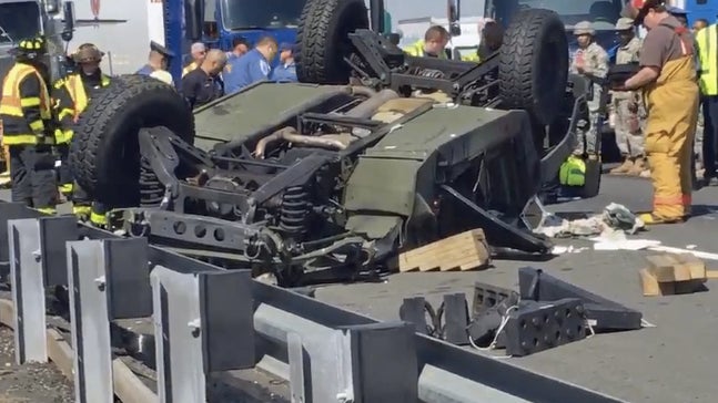 Overturned military vehicle on the NJ Turnpike near Exit 8A. (Photo courtesy of Michael Watsey @WatseymWatsey)