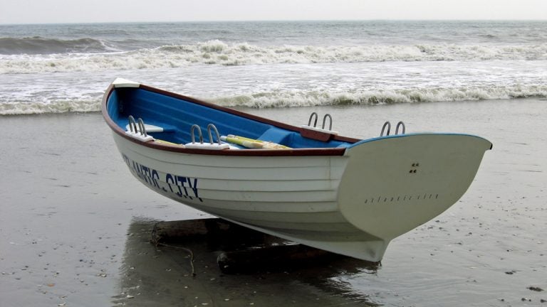 Atlantic City lifeboat sits ready on the beach.