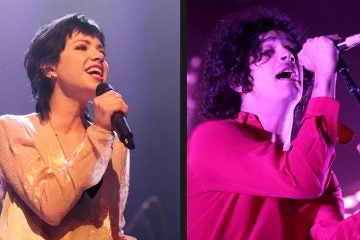 Carly Rae Jepsen and Matthew Healy of The 1975 (Photos by Rich Fury and Owen Sweeney/Invision/AP)