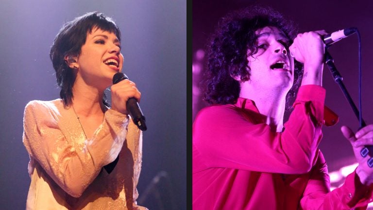 Carly Rae Jepsen and Matthew Healy of The 1975 (Photos by Rich Fury and Owen Sweeney/Invision/AP)