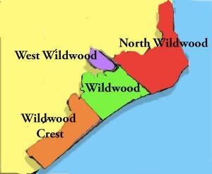 a map showing the four Wildwoods towns