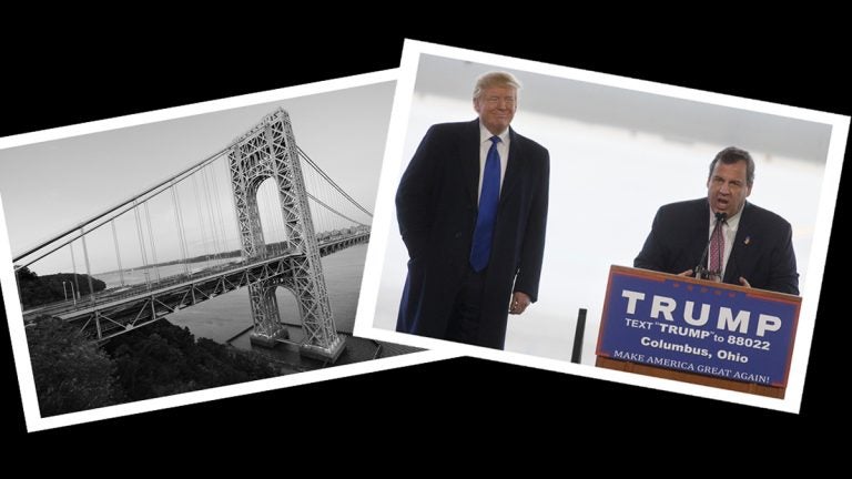 The George Washington Bridge (Big Stock file photo) and Donald Trump and Chris Christie at a campaign event on March 1