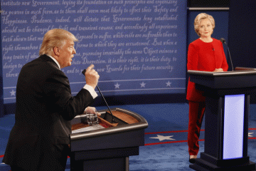 Republican presidential nominee Donald Trump gestures during the presidential debate with Democratic presidential nominee Hillary Clinton at Hofstra University in Hempstead