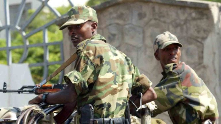 Members of the Ethiopian army patrol the streets of Addis Ababa in 2005.  (AP Photo/Karel Prinsloo