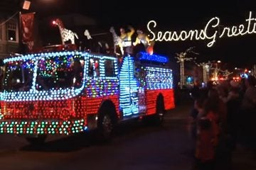 Lit up fire engine at the 2015 Collingswood Parade of Lights. (Screen capture from homer218 YouTube video)