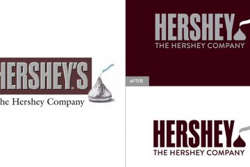 Hershey Logo Change This image provided by The Hershey Company shows the company's old and new corporate logos. On Friday, Aug. 29, 2014, the candy maker announced a new design, which adds a Kisses chocolate at the end of the company’s name. (The Hershey Company/AP Photo)