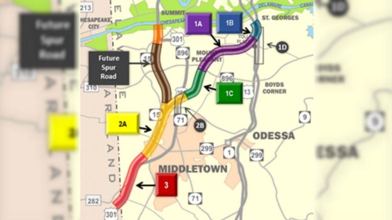  The green, purple and blue sections of this DelDOT map shows the area where the new Rt. 301 toll road will connect to Rt. 1. (DelDOT photo) 