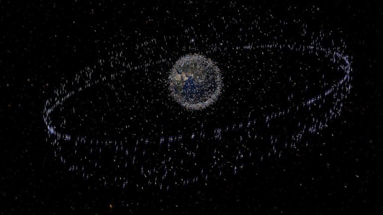 The number of objects in Earth orbit is increasing steadily. The debris objects shown in the images are an artist's impression based on actual density data. However