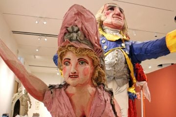 Massive characters of George and Martha Washington, Thomas Jefferson, and Benjamin Franklin from Red Grooms' Philadelphia Cornucopia installation will inhabit PAFA's 7,000-square-foot Fisher Brooks Gallery. (Emma Lee/WHYY)