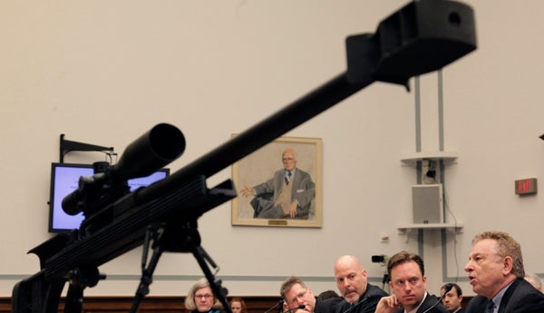  Gov. Christie has vetoed a measure that would ban.50-caliber rifles, like the one shown in the foreground on this photo, calling lawmakers haphazard in their approach to gun control. (Alex Brandon/AP Photo, file) 