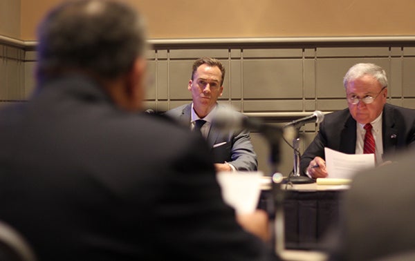  State Senator Mike Stack listens to police commissioner Charles Ramsey (Tom MacDonald/WHYY) 