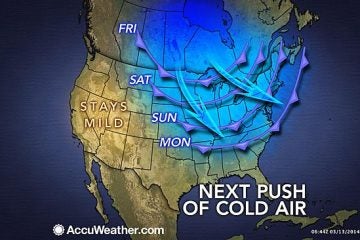  A graphic issued by AccuWeather.com shows cold air arriving in the New Jersey region Sunday.  