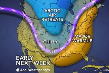  Forecasters say that the jet stream will retreat to our north, allowing warm air from the south to surge into the region by Sunday. (Image: AccuWeather.com) 